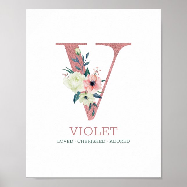 Affiche Lettre monogramme V Aquarelle rose Floral Nursery (Devant)