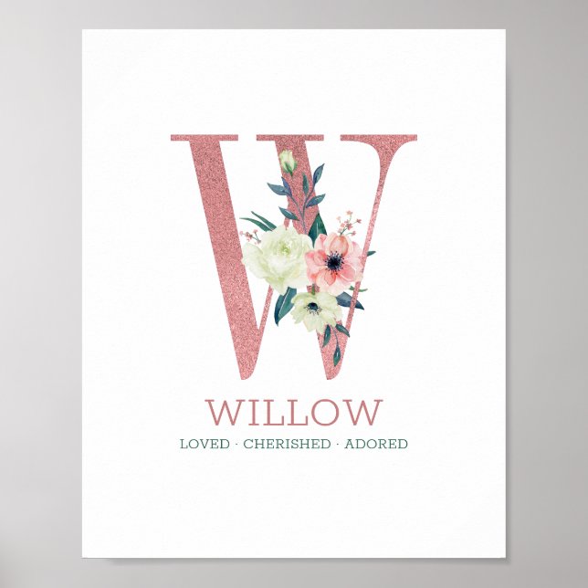 Affiche Lettre monogramme W Pink Aquarelle Florale Nursery (Devant)