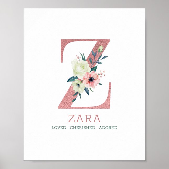 Affiche Lettre monogramme Z Aquarelle rose Floral Nursery (Devant)