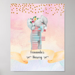 Affiche Lettre Monogrammée F Éléphant Bébé Fille Nursery