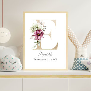 Affiche LETTRE MONOGRAPHIQUE E Pink Blanc Floral OR PUR