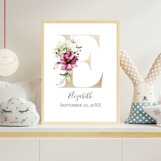 Affiche LETTRE MONOGRAPHIQUE E Pink Blanc Floral OR PUR (Monogram Letter E Gold Pink Floral Watercolor Nursery Wall Art)