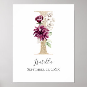 Affiche LETTRE MONOGRAPHIQUE I Pink Blanc Floral OR PUR