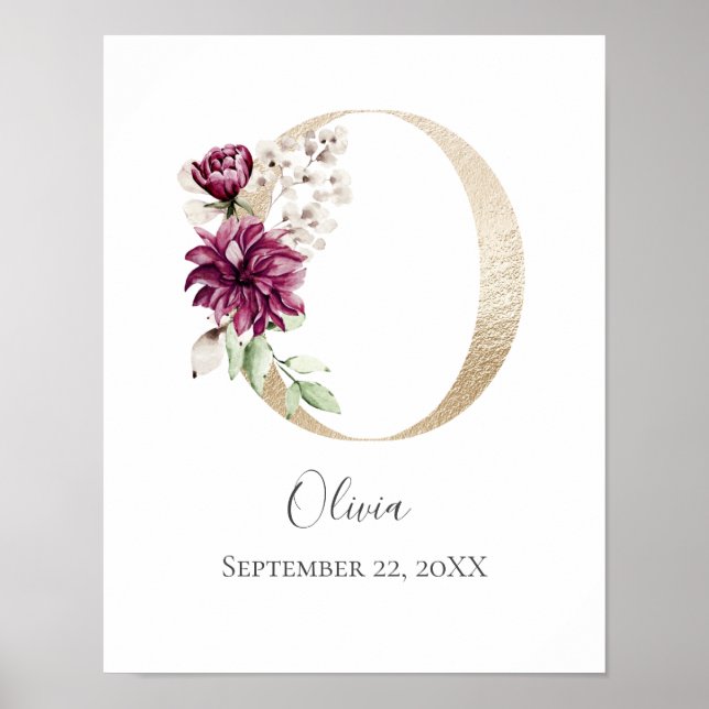 Affiche LETTRE MONOGRAPHIQUE O Pink Blanc Floral OR Pépini (Devant)