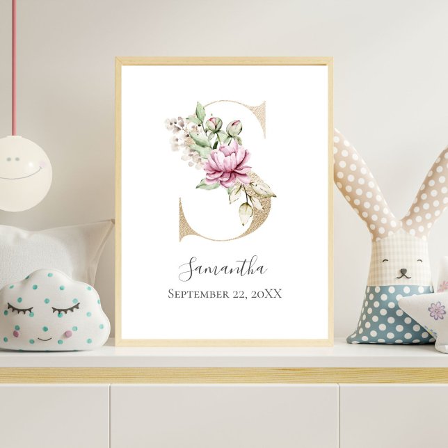Affiche LETTRE MONOGRAPHIQUE S Pink Blanc Floral OR PUR (Gold Monogram Letter S, Pink Watercolor Florals Nursery wall Art)