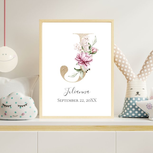 Affiche LETTRE MOTOGRAPHIQUE J Pink Blanc Floral OR PUR (Gold Monogram Letter J, Pink Floral Watercolor Nursery Wall Art)