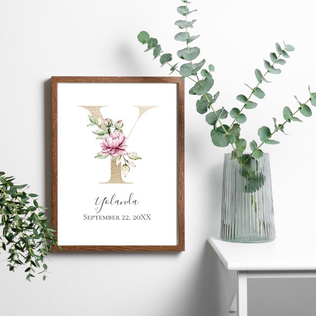 Affiche LETTRE MOTOGRAPHIQUE Y Pink Blanc Floral OR PUR (Gold and Floral Letter Y Monogram Wall Art. Personalize with name and date or any text)
