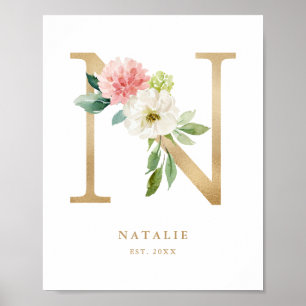 Affiche Lettre N Blush Floral Monogram Gold Foil Nursery