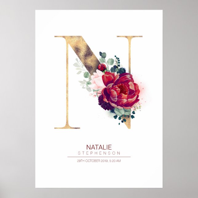 Affiche Lettre N Monogram Floral Bourgogne Rouge et or (Devant)