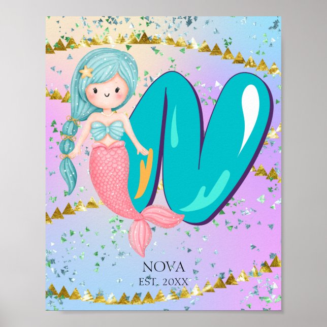 Affiche Lettre N Monogramme Aquarelle mignonne Sirène (Devant)