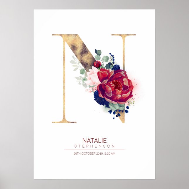 Affiche Lettre N Monogramme Floral Marine Bleu et Bourgogn (Devant)