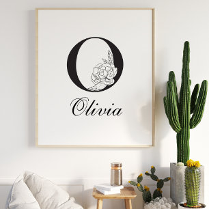 Affiche Lettre O Floral Moderne Noir Monogram Nursery