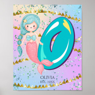 Affiche Lettre O Monogramme Aquarelle mignonne Sirène