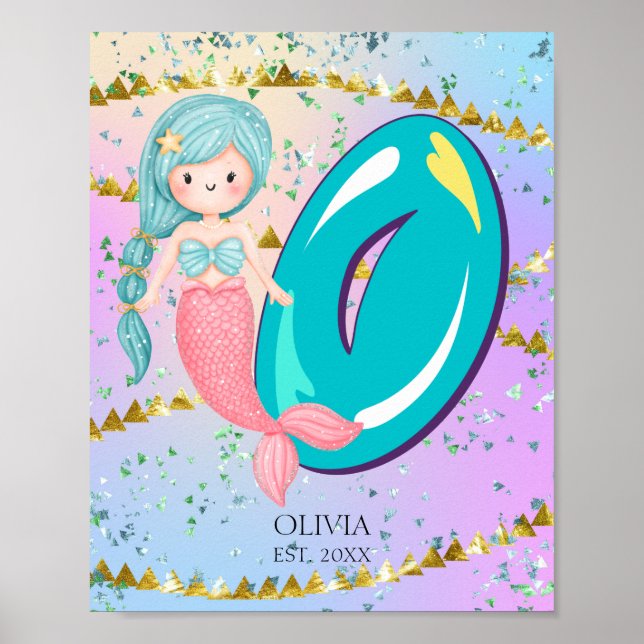 Affiche Lettre O Monogramme Aquarelle mignonne Sirène (Devant)