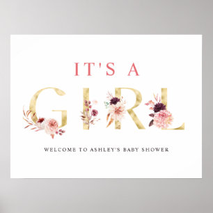 Affiche Lettre or florale C'est un signe Baby shower fille