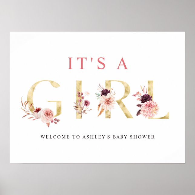 Affiche Lettre or florale C'est un signe Baby shower fille (Devant)