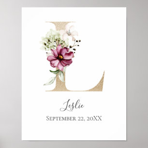 Affiche Lettre or florale rose Monogramme L Pink