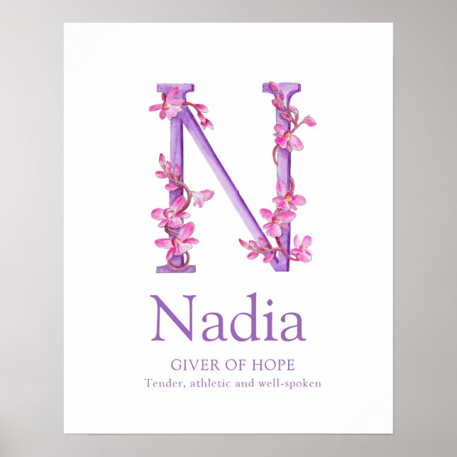 Affiche Lettre orchidée N Nadia nom personnalisé signifian (Devant)