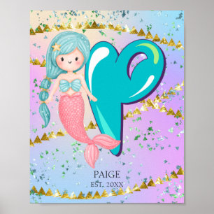 Affiche Lettre P Monogramme Aquarelle mignonne Sirène