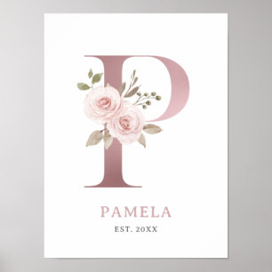 Affiche Lettre P Monogramme Aquarelle Rose Florals Nursery