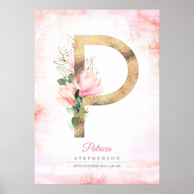 Affiche Lettre P Monogramme Feuille d'or rose Magnolia Flo (Devant)