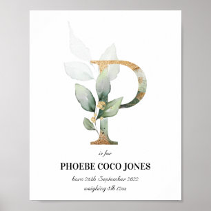 Affiche Lettre P Nouveau Bébé Monogramme Naissance Imprime