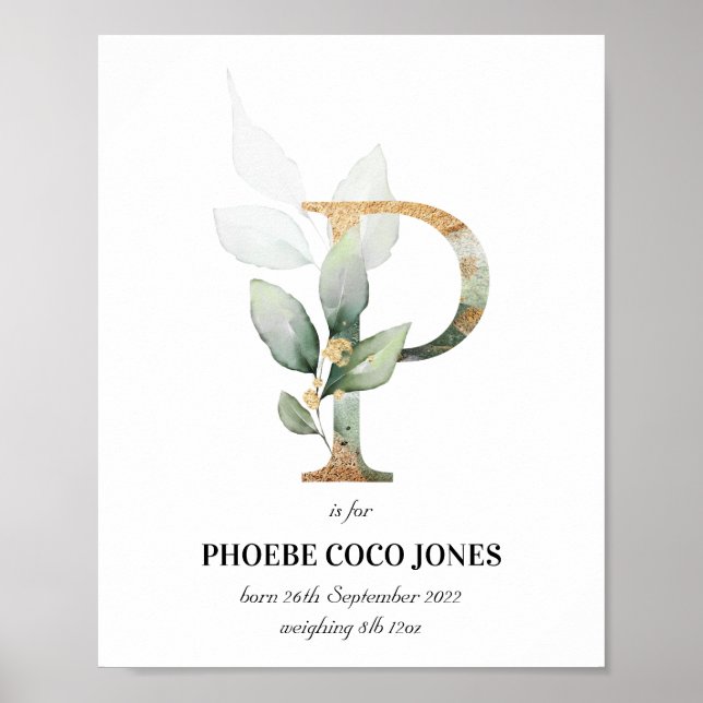 Affiche Lettre P Nouveau Bébé Monogramme Naissance Imprime (Devant)