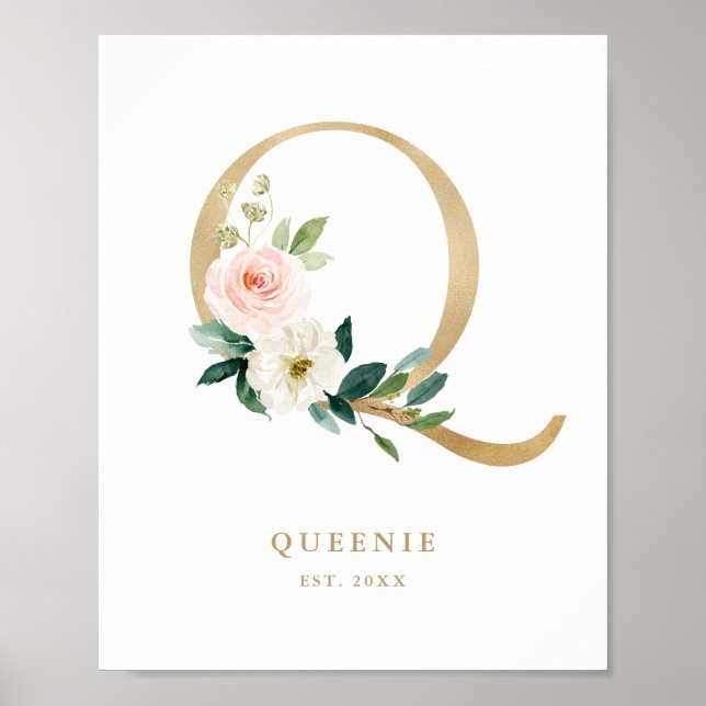 Affiche Lettre Q Blush Floral Monogram Gold Foil Nursery (Devant)