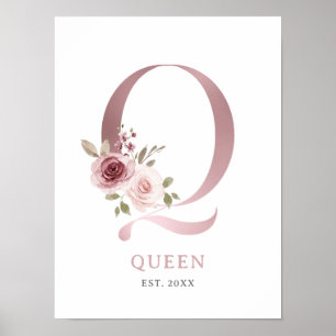 Affiche Lettre Q Monogramme Rose d'aquarelle Florals Nurse
