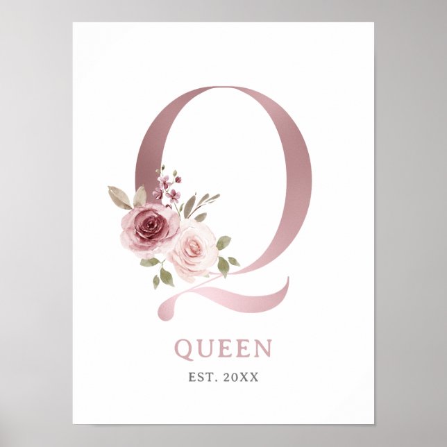 Affiche Lettre Q Monogramme Rose d'aquarelle Florals Nurse (Devant)