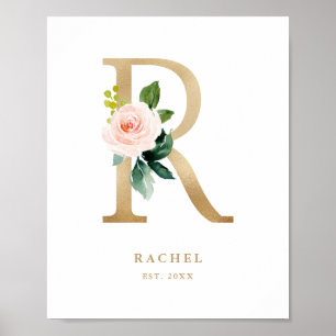 Affiche Lettre R Blush Floral Monogram Gold Foil Nursery