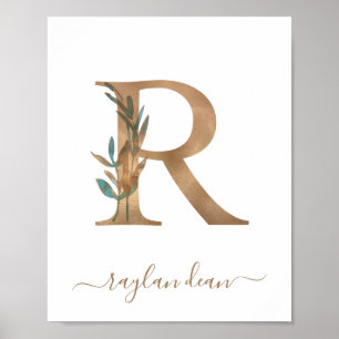 Affiche Lettre R dorée florale aquarelle monogramme