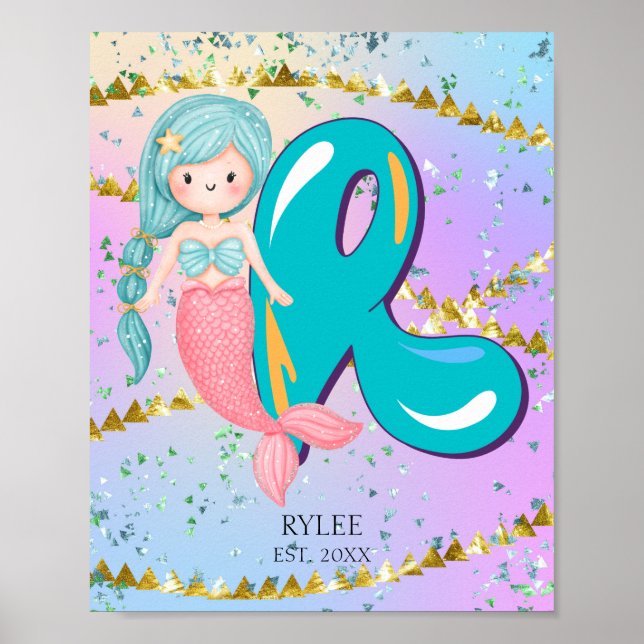 Affiche Lettre R Monogramme Aquarelle mignonne Sirène (Devant)