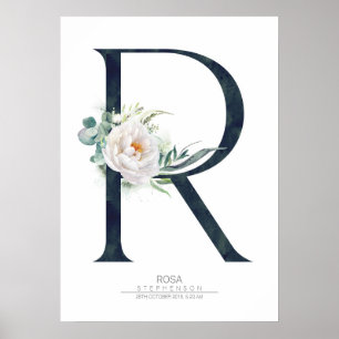 Affiche Lettre R Monogramme Fleurs blanches et verdure