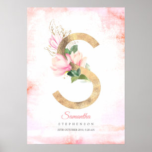 Affiche LETTRE S Feuilles d'or Monogramme rose Magnolia Fl