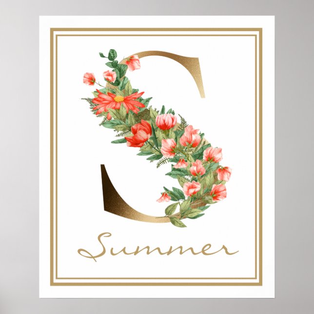 Affiche Lettre S Monogramme Or Orange Fleurs (Devant)