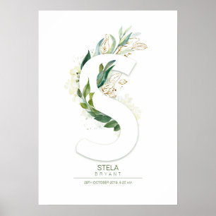 Affiche Lettre S Monogramme Or Vert Feuillage Chic