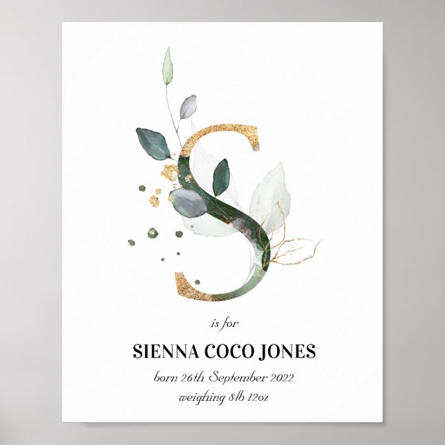 Affiche Lettre S Nouveau bébé Monogramme Naissance Imprime (Devant)