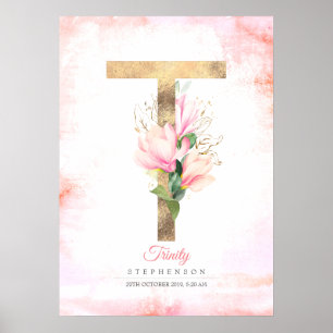 Affiche LETTRE T Feuilles d'or Monogramme rose Magnolia Fl