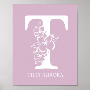 Affiche Lettre T Floral Monogramme Nom Pépinière Moderne