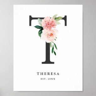 Affiche Lettre T Monogramme Peach Florals Peach Nursery