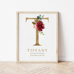 Affiche Lettre T Nom du monogramme Marsala Floral Nursery
