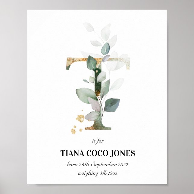Affiche Lettre T Nouveau bébé Monogramme Naissance Imprime (Devant)