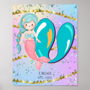 Affiche Lettre U Monogram Aquarelle mignonne Sirène