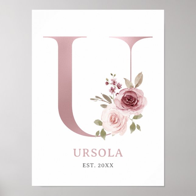 Affiche Lettre U Monogramme Aquarelle Rose Florals Nursery (Devant)