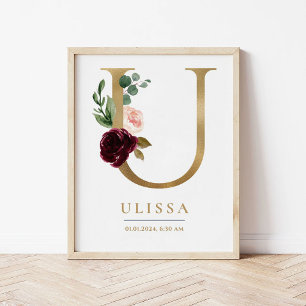 Affiche Lettre U Monogramme Nom Marsala Floral Nursery
