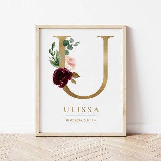 Affiche Lettre U Monogramme Nom Marsala Floral Nursery