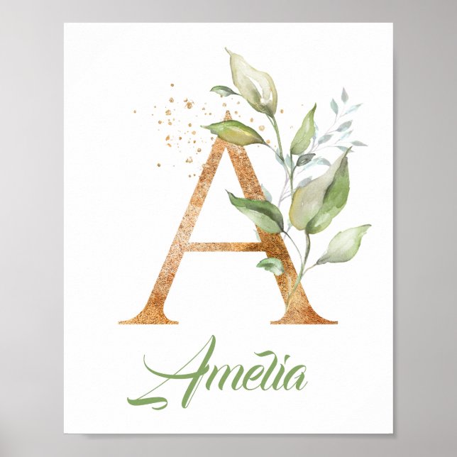 Affiche Lettre Un monogramme vert eucalyptus or (Devant)