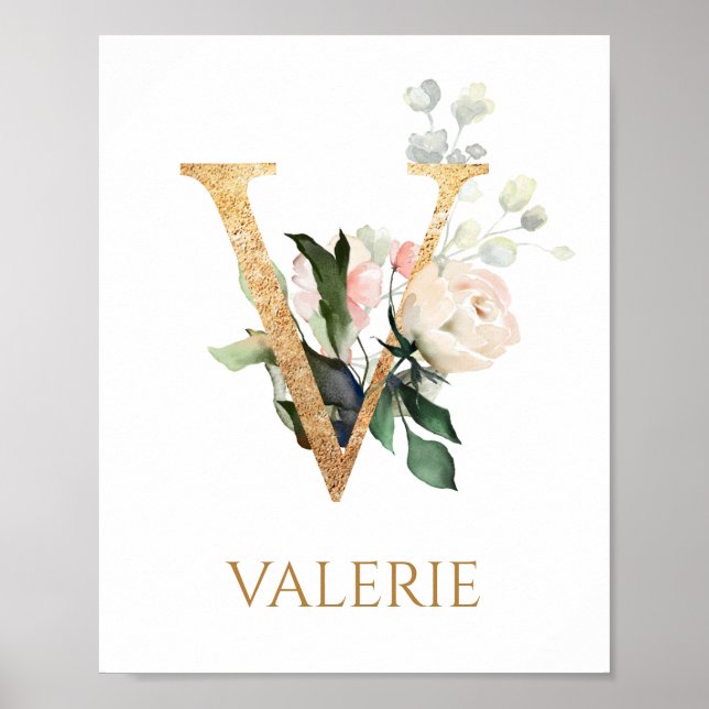 Affiche Lettre V Monogramme crème blanche rose Nursery Pos (Devant)