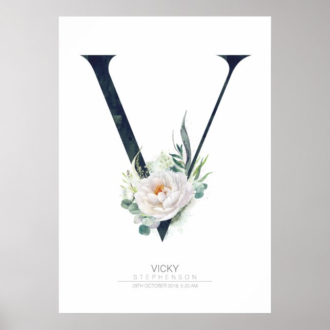 Affiche Lettre V Monogramme Fleurs Blanches et Feuillage (Devant)